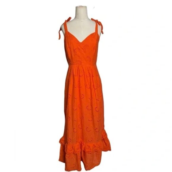 TAYLOR - Orange Eyelet Midi Dress – Tie Strap Sundress, Ruffle Hem, Summer Boho - Picture 2 of 6